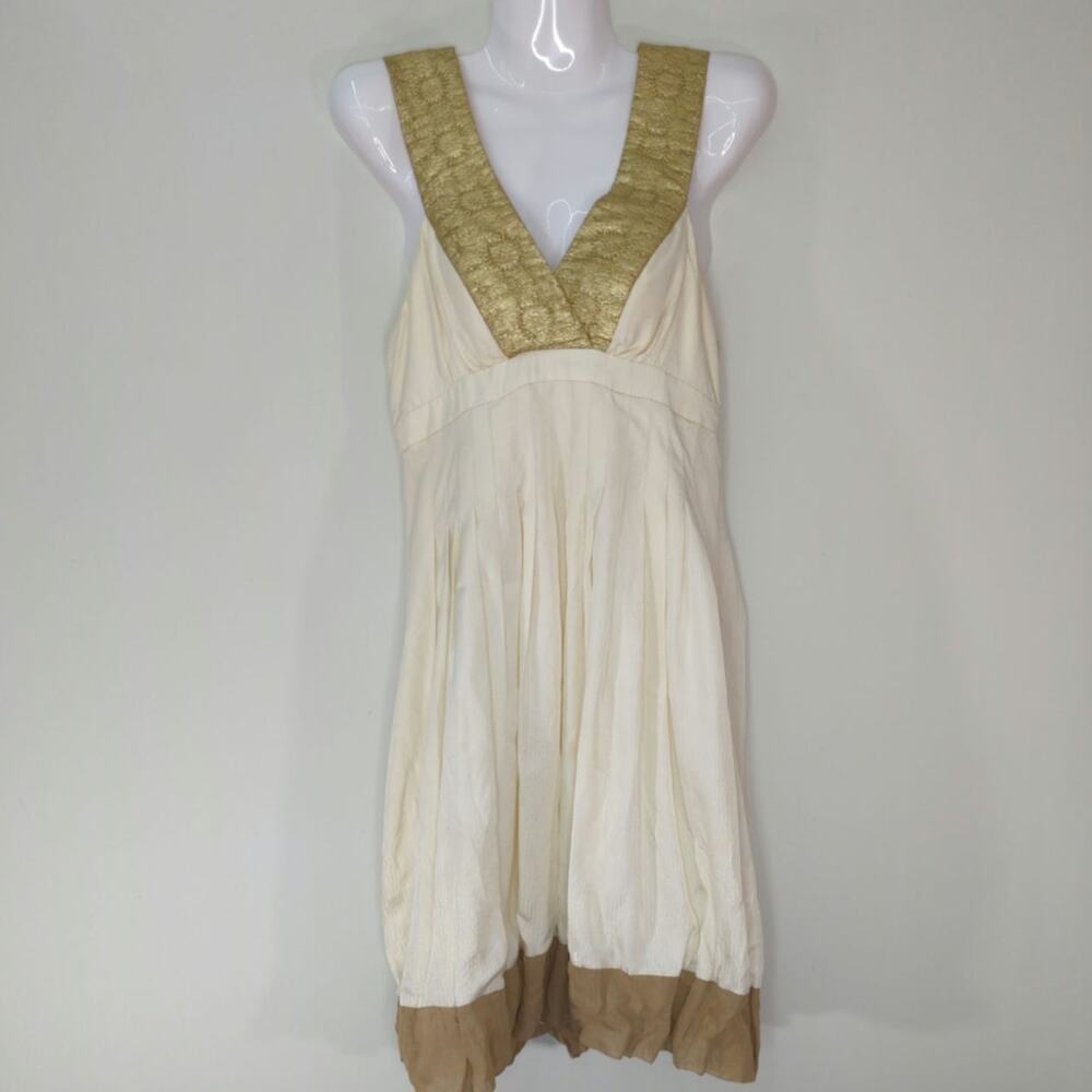 Nicole Miller Collection Cream Gold & Brown‎ Silk Sleeveless V-Neck Dress Size 4